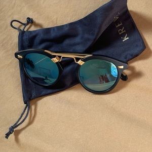 Krewe St Louis Round Sunglasses- black with gold hardware and metallic lenses